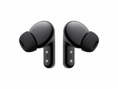 Black wireless earbuds isolated on white background.