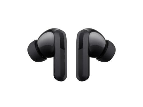 Black wireless earbuds isolated on white background.