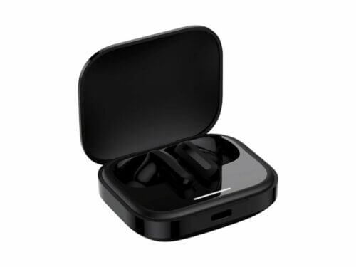 Black wireless earbuds with charging case.