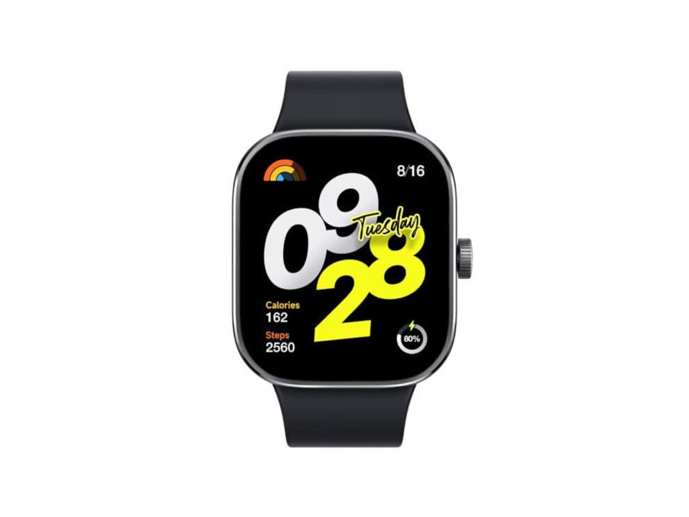 Smartwatch displaying time, date, calories, and steps.