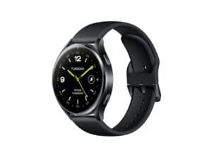 Black smartwatch with digital display on white background.