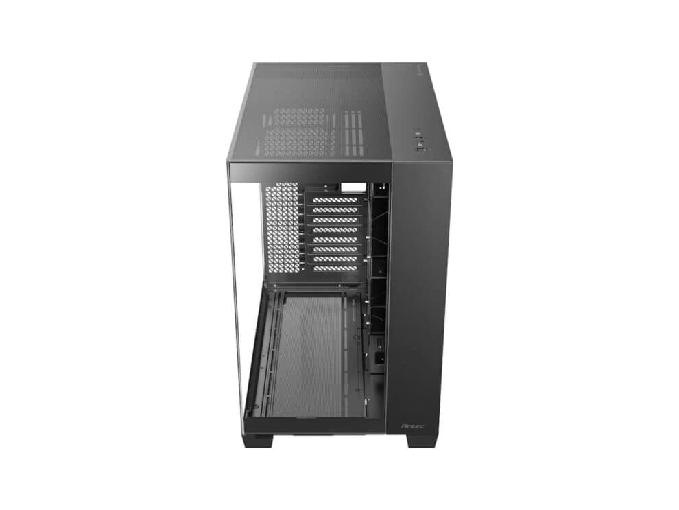 Black mid-tower computer case, empty, isolated on white.
