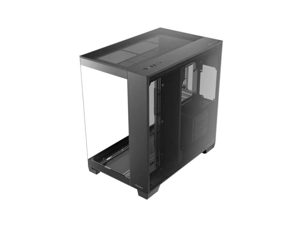 Black empty computer case on white background.