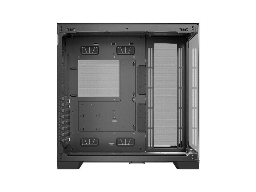 Black empty computer case interior view.