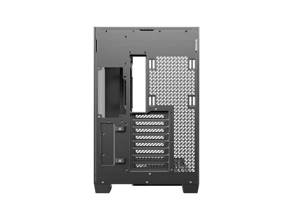 Empty computer case tower rear view.