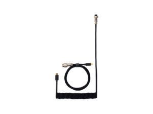Coiled USB cable with adapters on white background