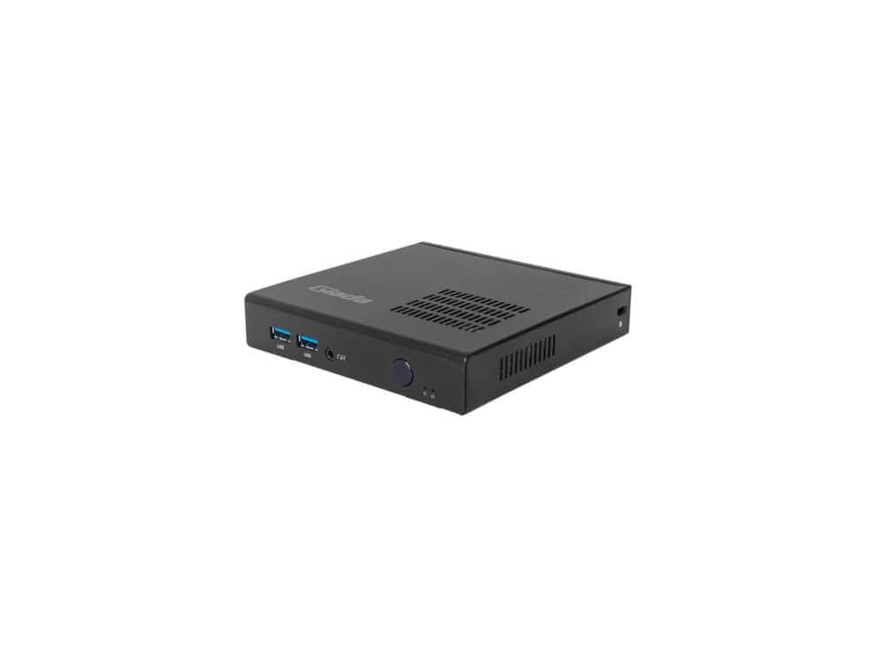 Compact black mini PC with USB ports.