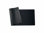 Black desk mat with leather flap on white background.
