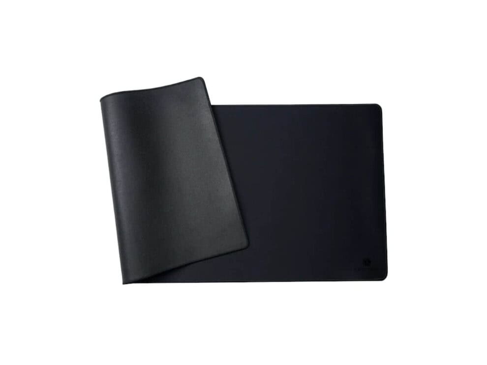 keychron desk mat black Black desk mat with leather flap on white background.