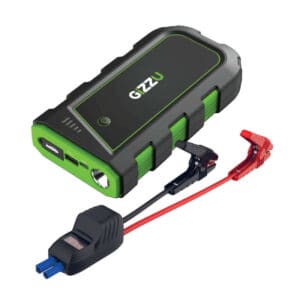 Portable car battery jump starter with cables.