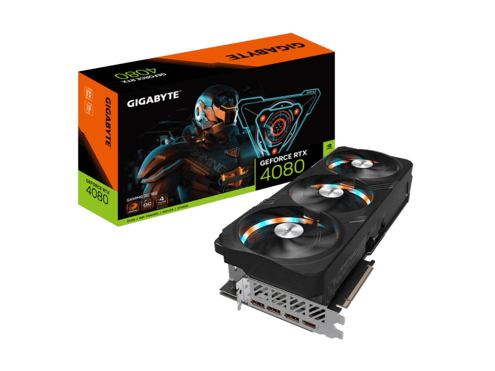 GIGABYTE GeForce RTX 4080 graphics card with box.