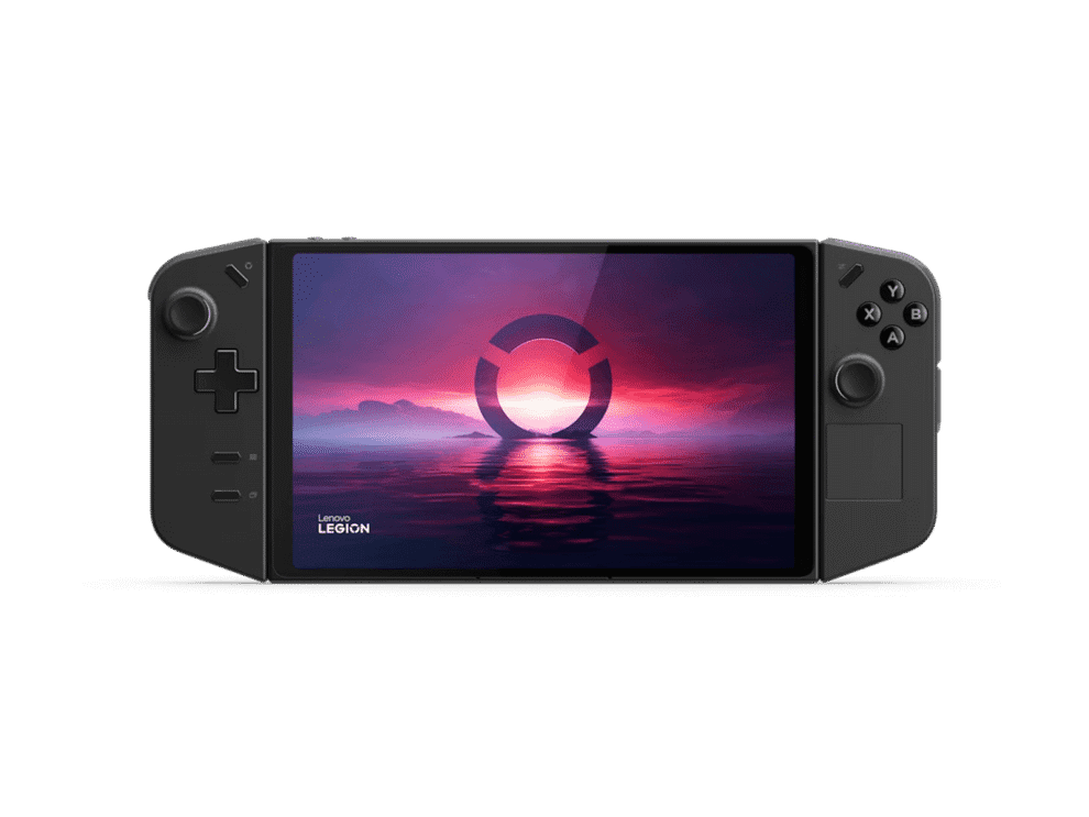 Handheld gaming console on black background.