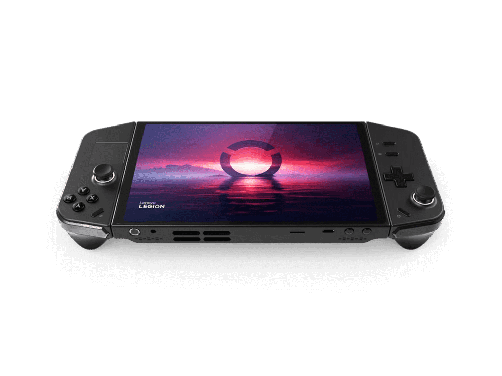Portable gaming console on black background.