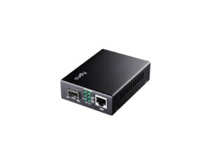 Black Ethernet network media converter on white background.