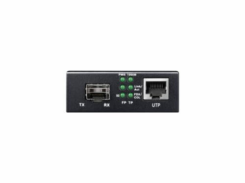Ethernet media converter with fiber and RJ45 ports.