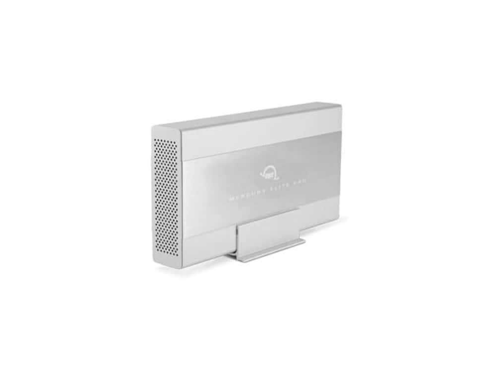 Silver external hard drive on white background.