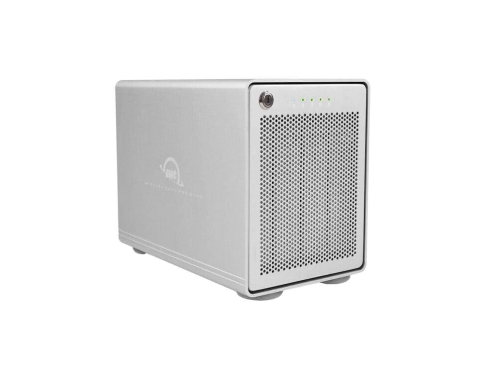 owc 4 bay mercury elite pro quad softraid 0tb Silver external hard drive on white background.