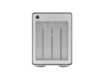 Silver portable hard drive on white background.