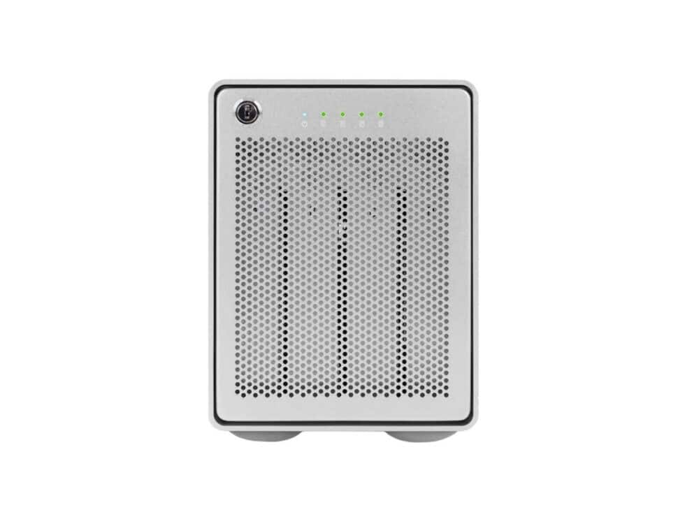 Silver portable hard drive on white background.