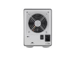 Silver external hard drive with cooling fan.