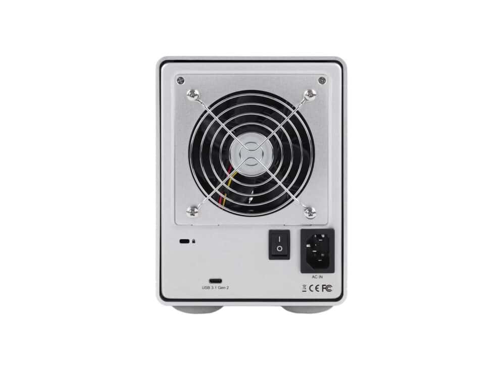 Silver external hard drive with cooling fan.