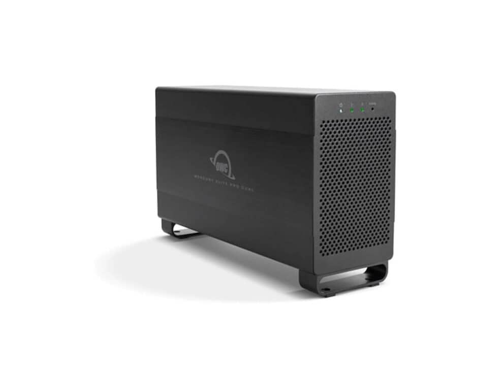 owc 2 bay mercury elite pro thunderbolt2|usb3.1 raid 0tb Black external hard drive on white background.