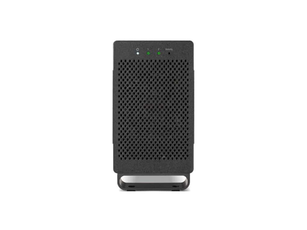 Black portable external hard drive on white background.