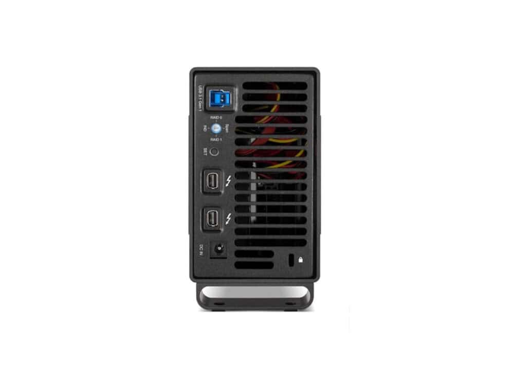 External hard drive with multiple ports and vents.