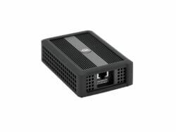 Black external portable hard drive on white background.