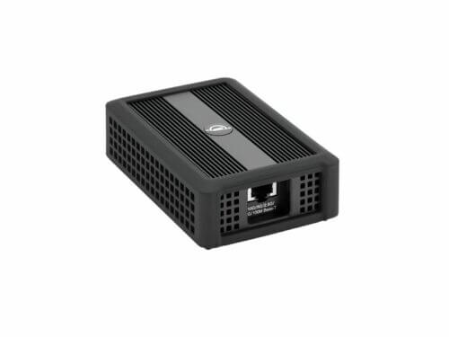 Black external portable hard drive on white background.