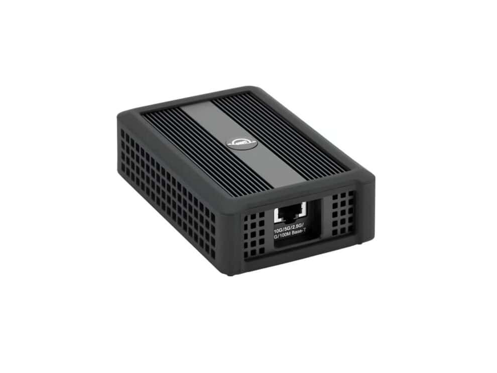 owc thunderbolt 3 10g ethernet adapter Black external portable hard drive on white background.