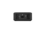 Black universal power adapter on white background.