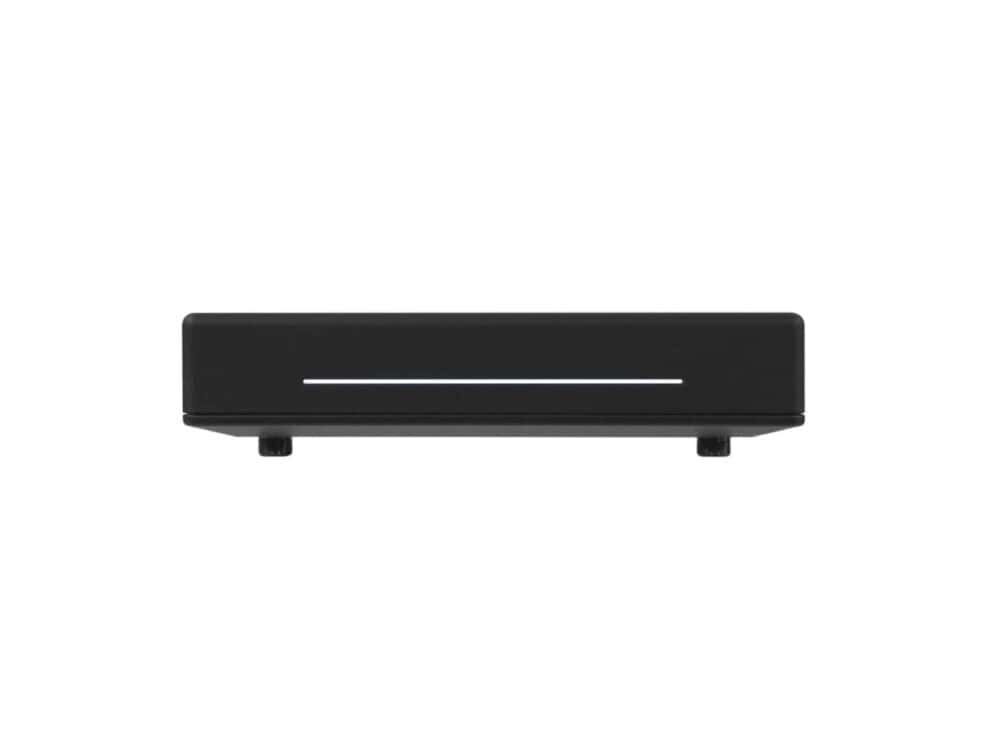 Black Wi-Fi router on white background.