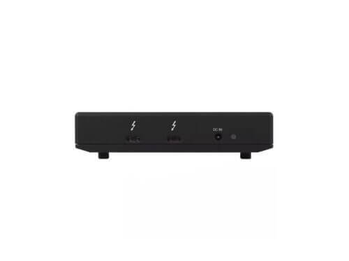 Black docking station with USB and power ports.