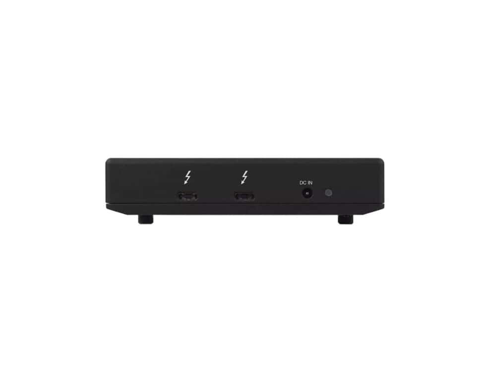 Black docking station with USB and power ports.