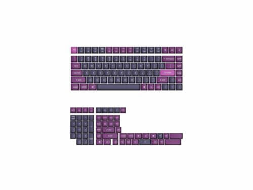 Purple mechanical keyboard layout on white background.