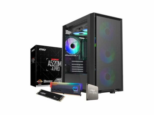 Gaming PC components and tower with RGB lighting.