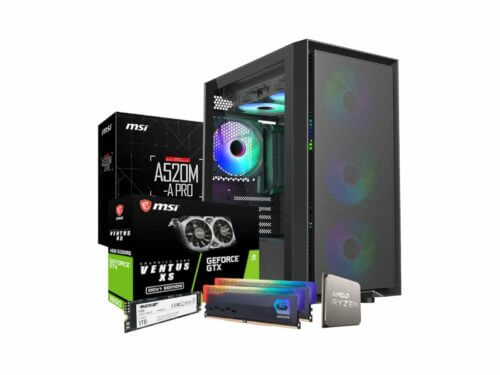 Gaming PC components and tower with RGB lighting.