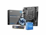 Computer motherboard, CPU, RAM, and cooler components.