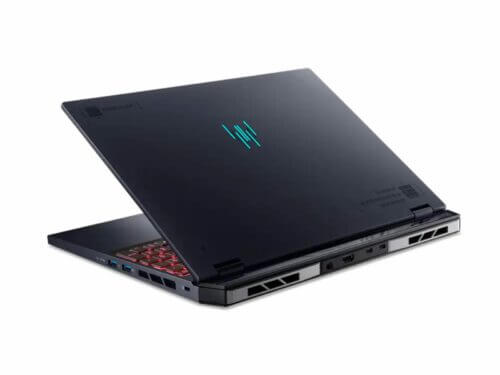Black gaming laptop half-closed with LED lights.