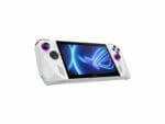 Portable white gaming console with screen.