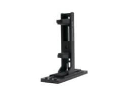 Black vertical monitor stand on white background.