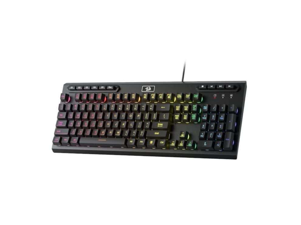 Backlit mechanical gaming keyboard on white background