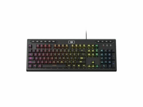 Backlit mechanical gaming keyboard on white background.