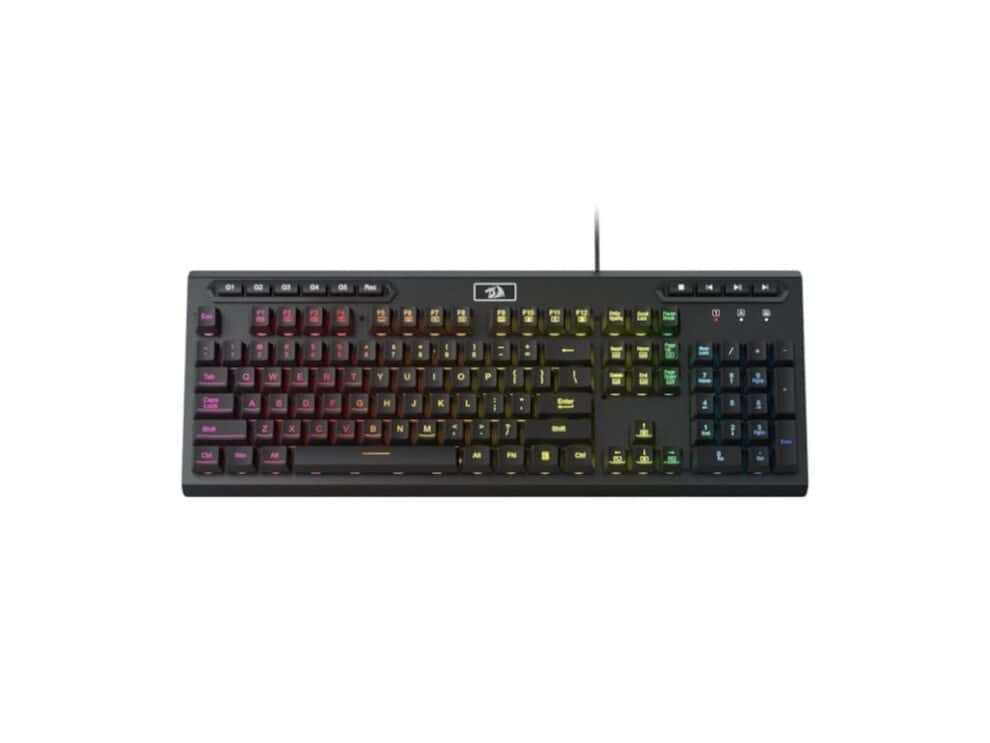 Backlit mechanical gaming keyboard on white background.