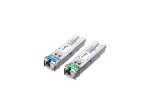 Two fiber optic transceivers on white background.