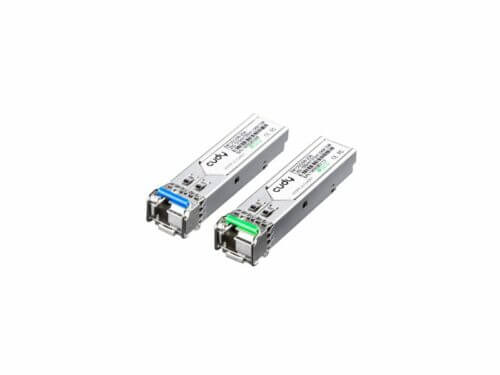 Two fiber optic transceivers on white background.