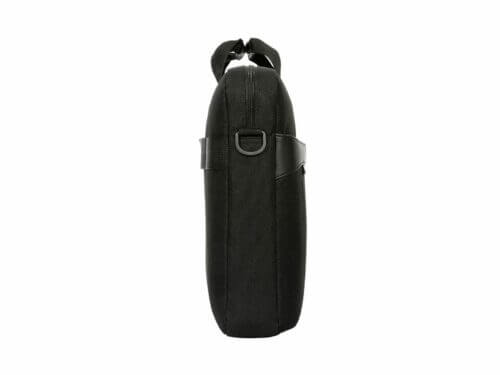 Black insulated water bottle carrier with strap.