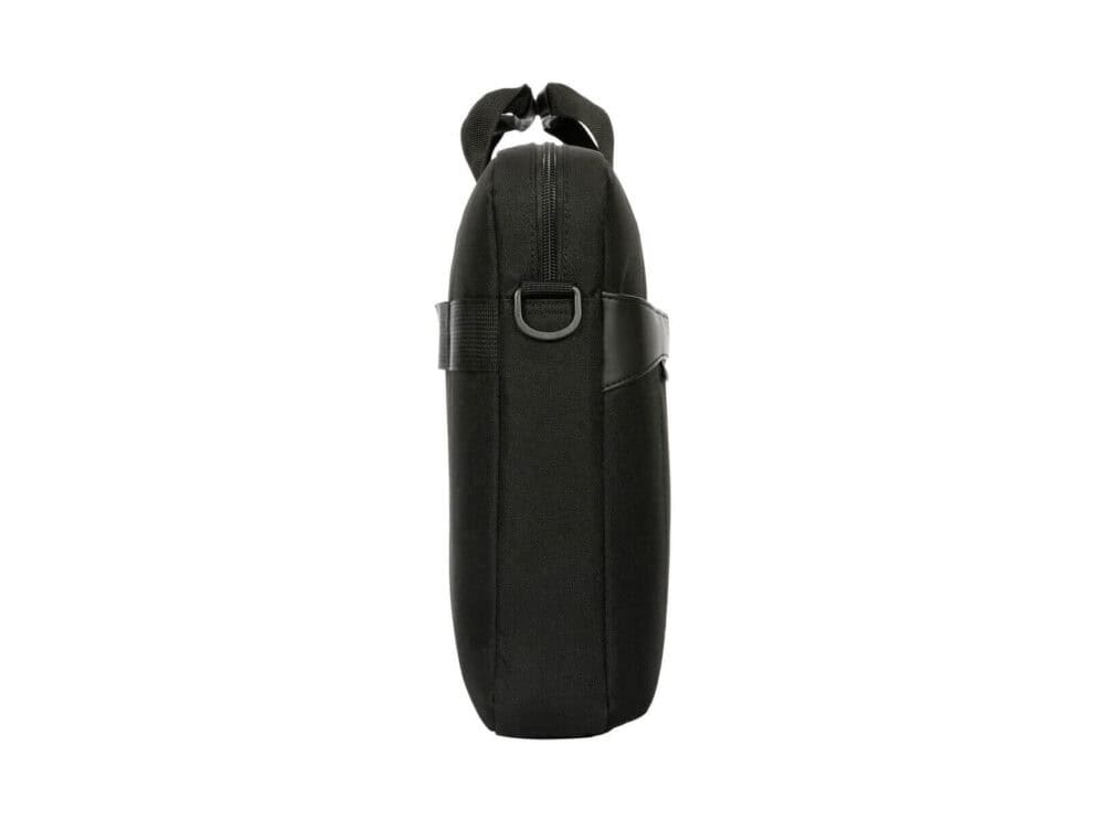 Black insulated water bottle carrier with strap.