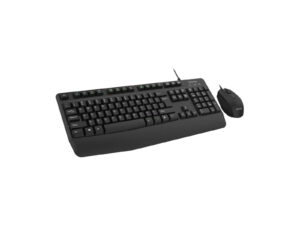 Wired keyboard and mouse set on white background.